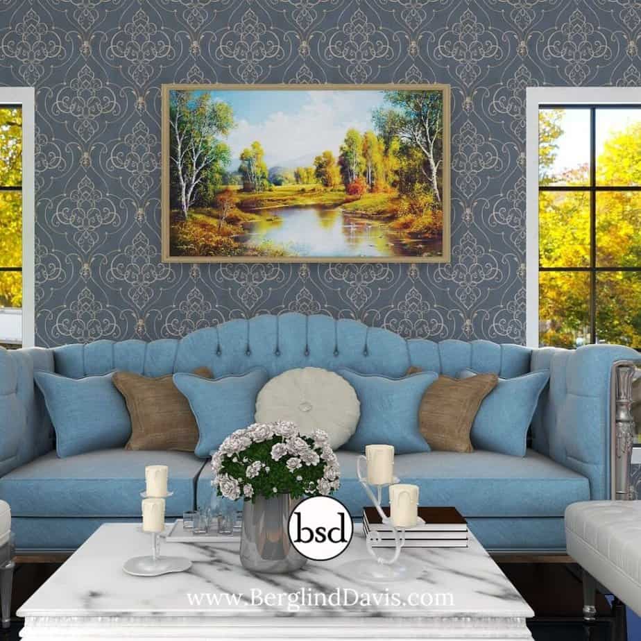 Grand  Millennial Living room with blue sofa