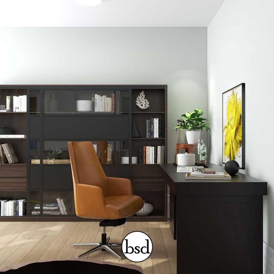 HOME OFFICE WITH DARK DESK AND LEATHER CHAIR