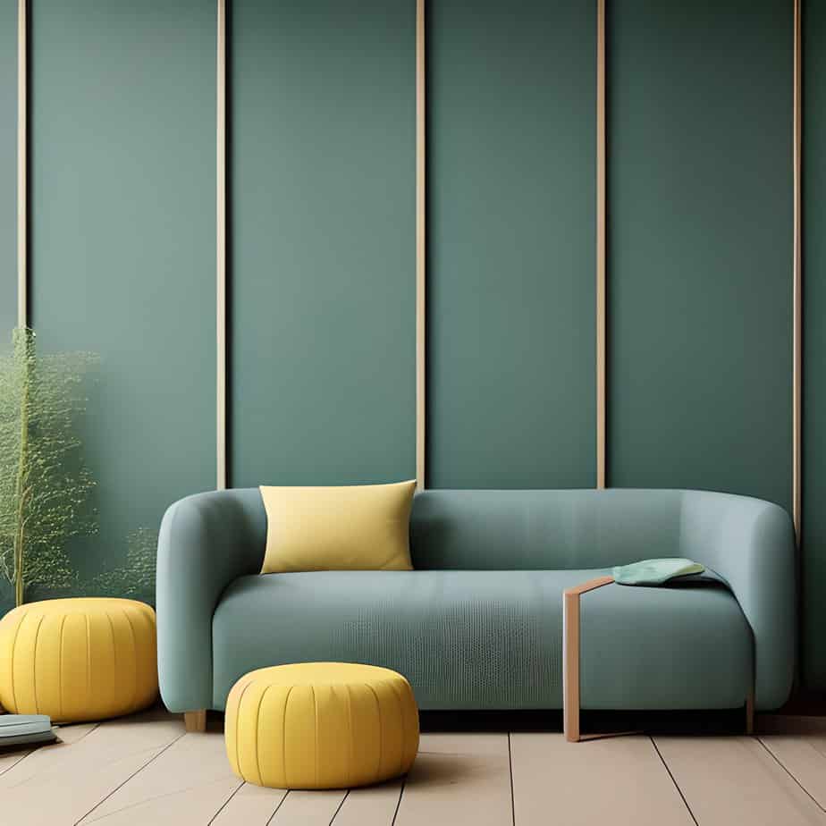 Green sofa and yellow floor poofs, a green wall with wood trim.