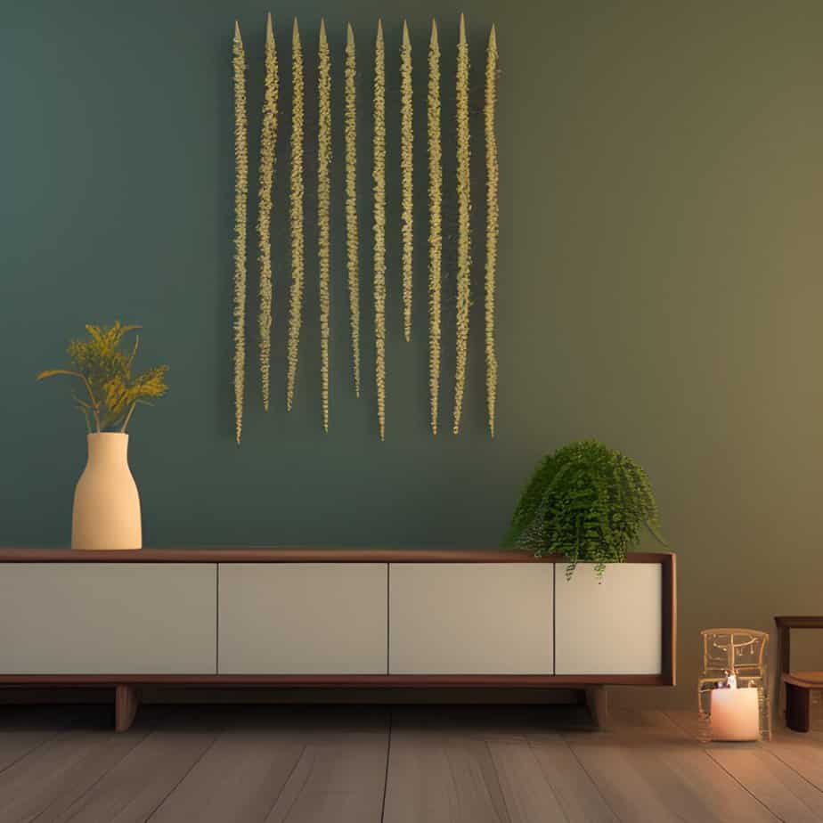 Credenza, simple plants, and dried floral wall decor.