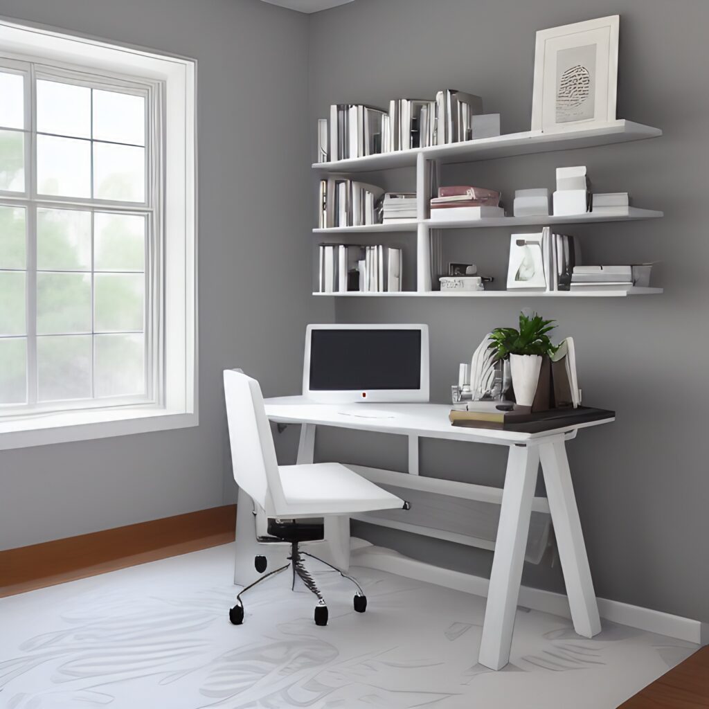 Home office with gray walls and white furniture
