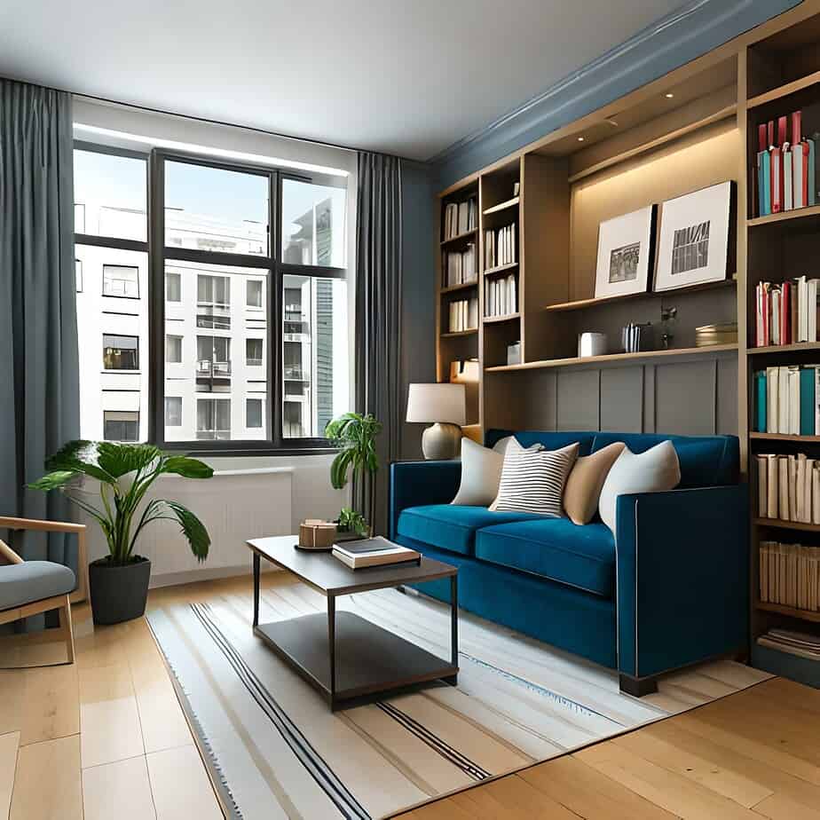 Livingroom built in shelving over sofa