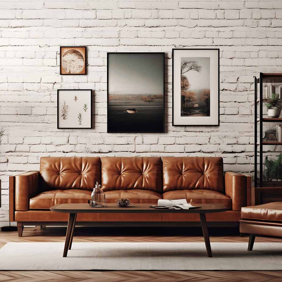 brown tufted leather against white washed brick wall
