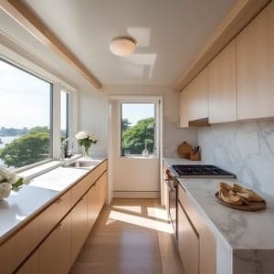 small galley kitchen with large windows