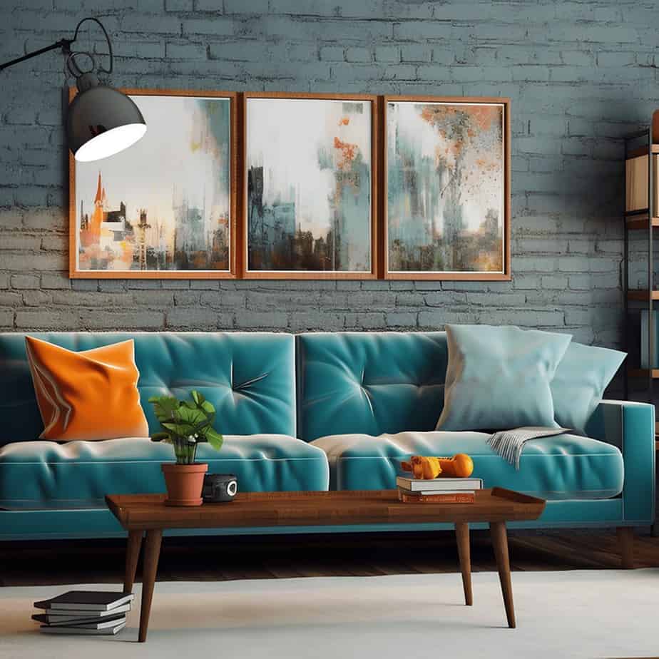 Newstalgia trend - turquoise sofa against wall and 3 pictures above