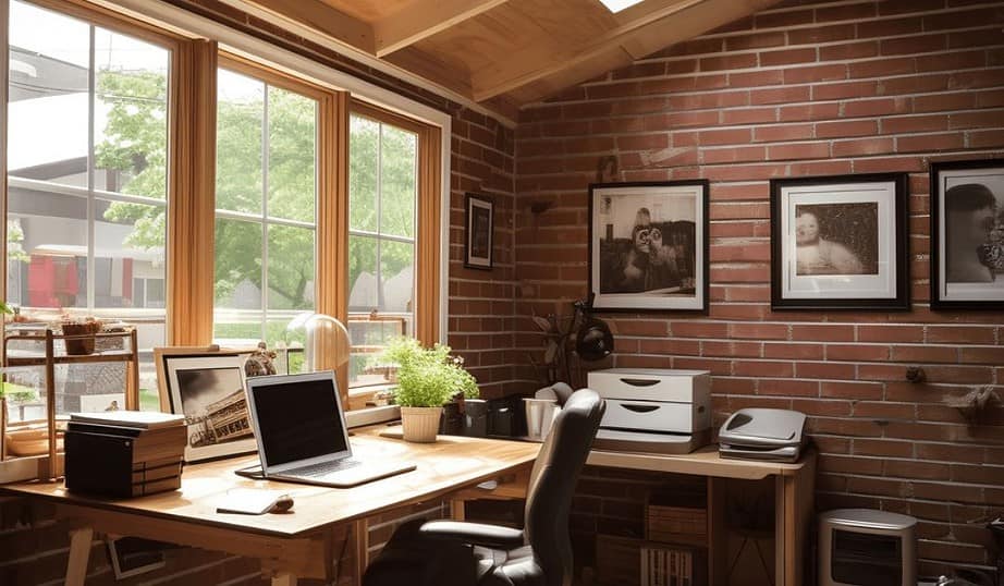 Converted garage to home office with brick walls and sloped exposed ceiling