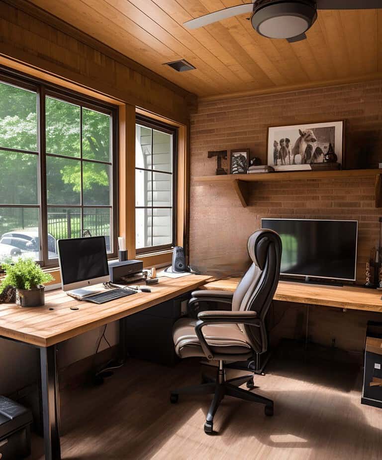 converted garage to a home office. with brick walls and wood paneling on the ceiling.