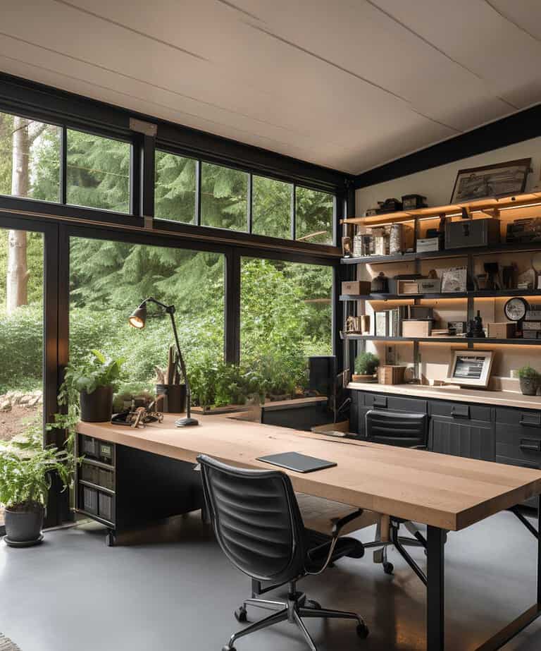 Garage-renovated-as-Home-Office-white-panel-ceiling-large-windows-and-wood-work-surface