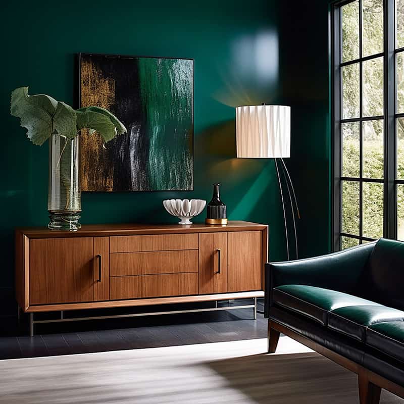Teak credenza against a backdrop of rich emerald green wall