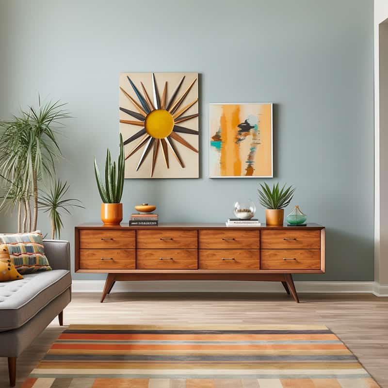 50's wood credenza with accessories and artwork on wall behind