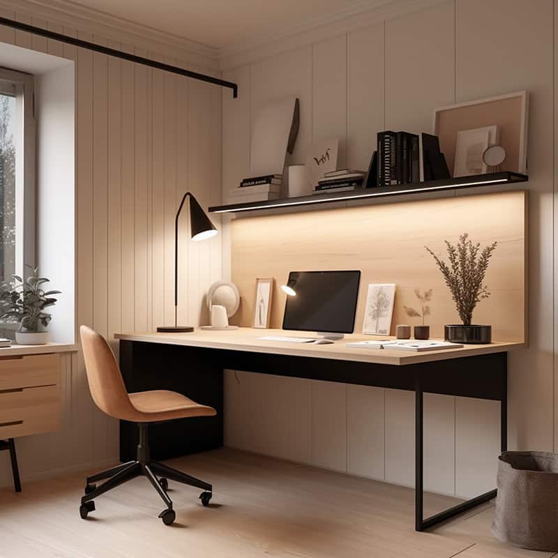 Minimalistic home office wood worksurface and black accents