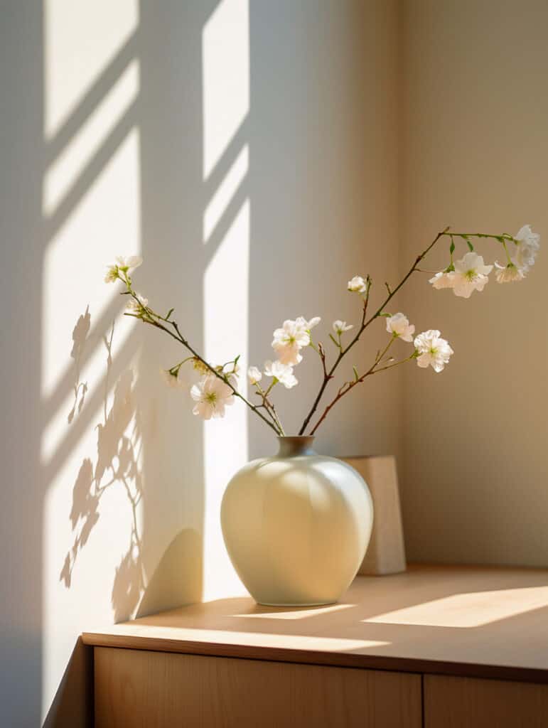 Japandi minimalist vase with cherry blossom branch