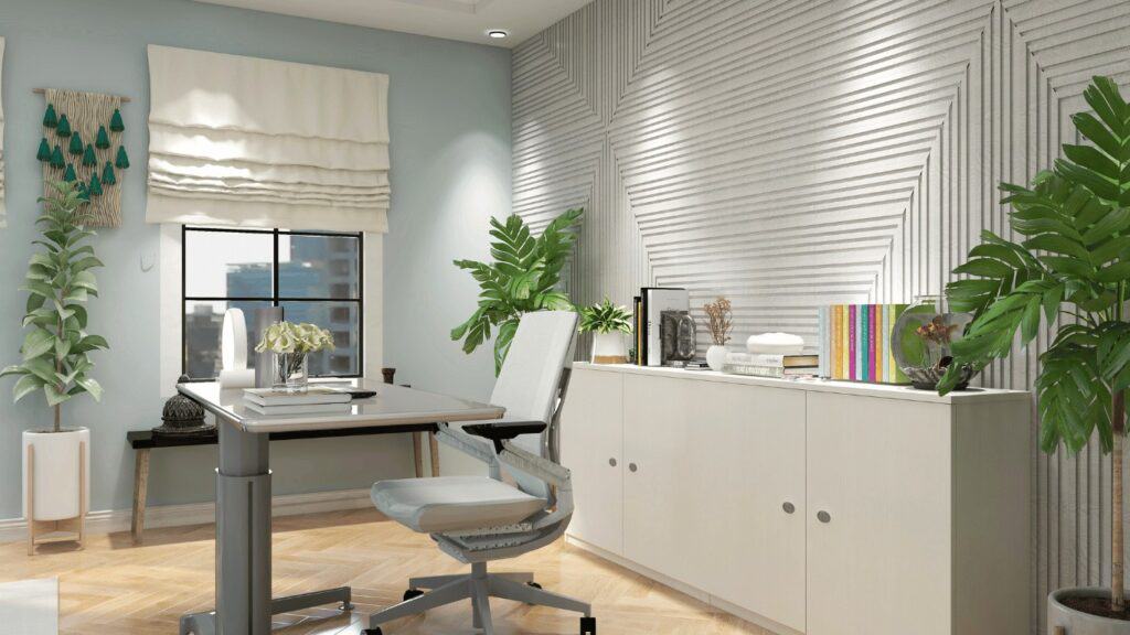 Home office with height adjustable desk and custom wood panel wall background