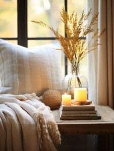 Beige-sofa-side-table-with-decor-and-candles-hygge