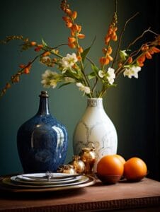 Indigo and white patterned vases with oranges and gold decor