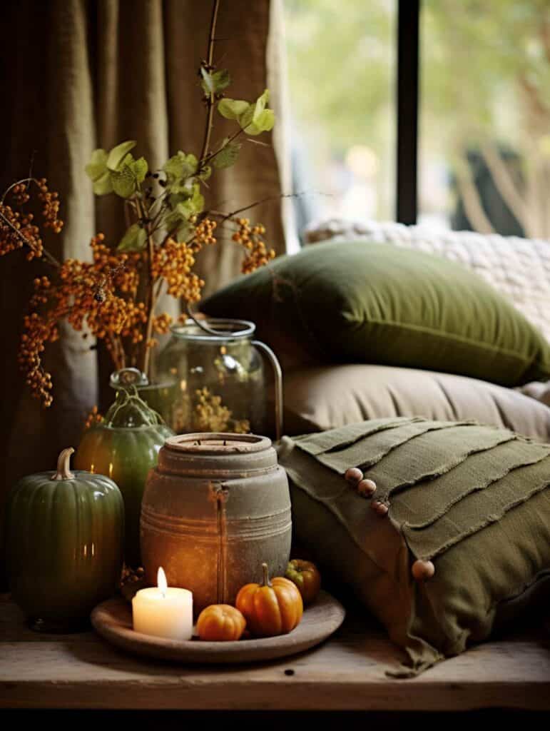 sage green pillows, small pumpkins and lit candle