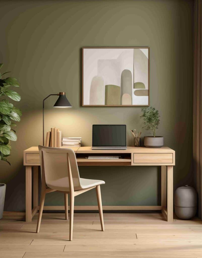 Home office with sage green accent wall and few modern desk accessories